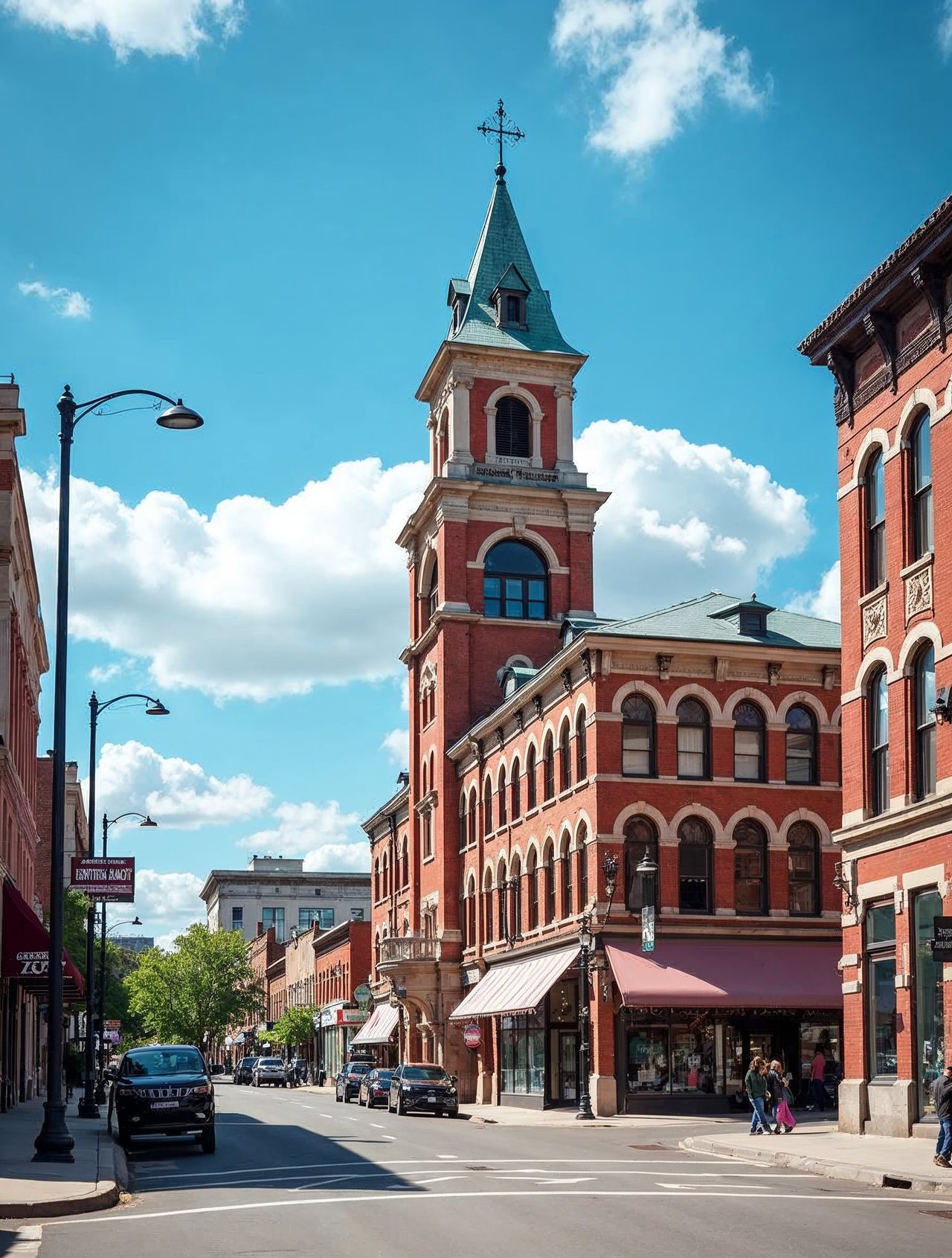 AI illustration: Historic downtown Beatrice street with brick buildings and a bright blue Nebraska sky