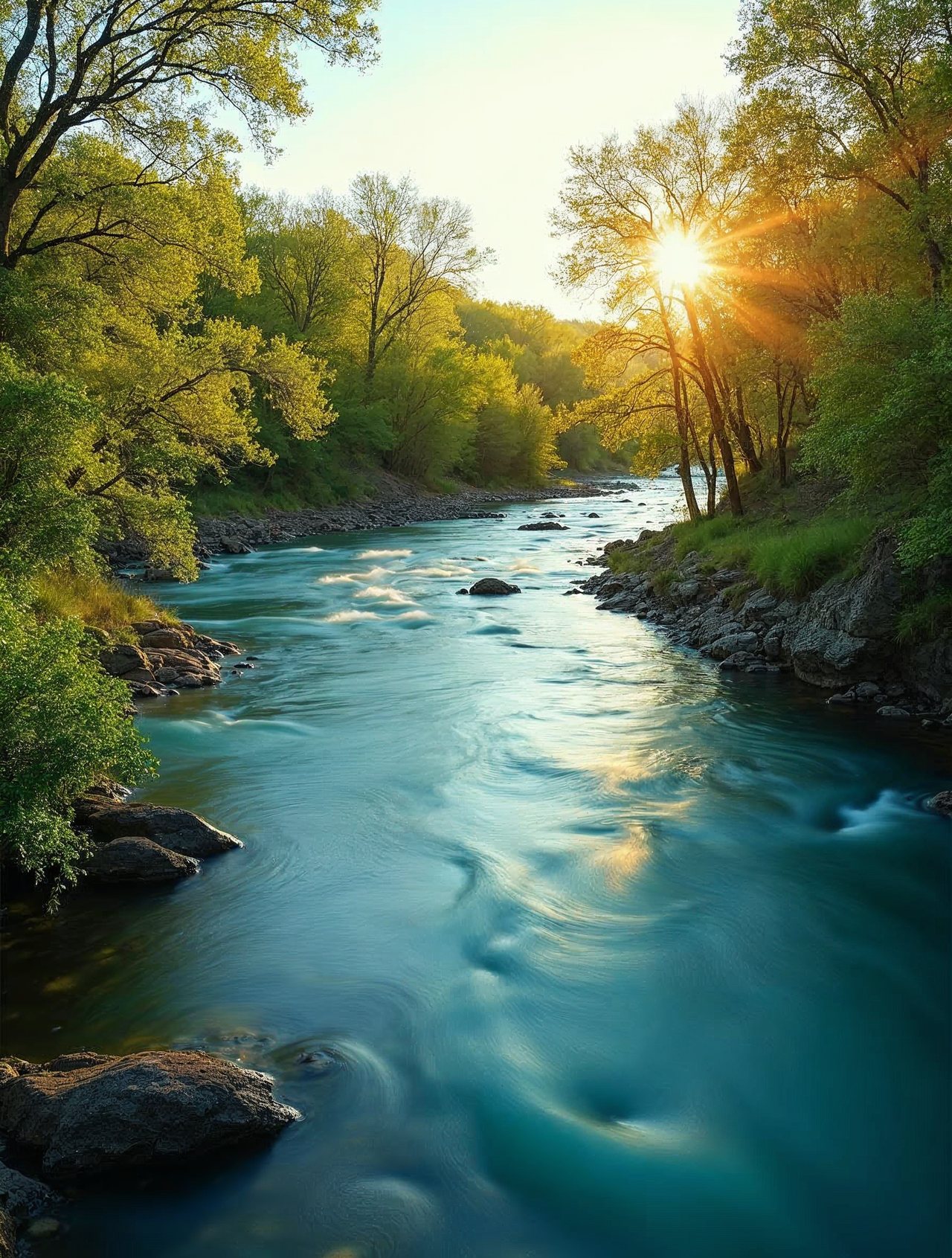 AI illustration: The Big Blue River winding through green trees near Beatrice on a sunny summer day