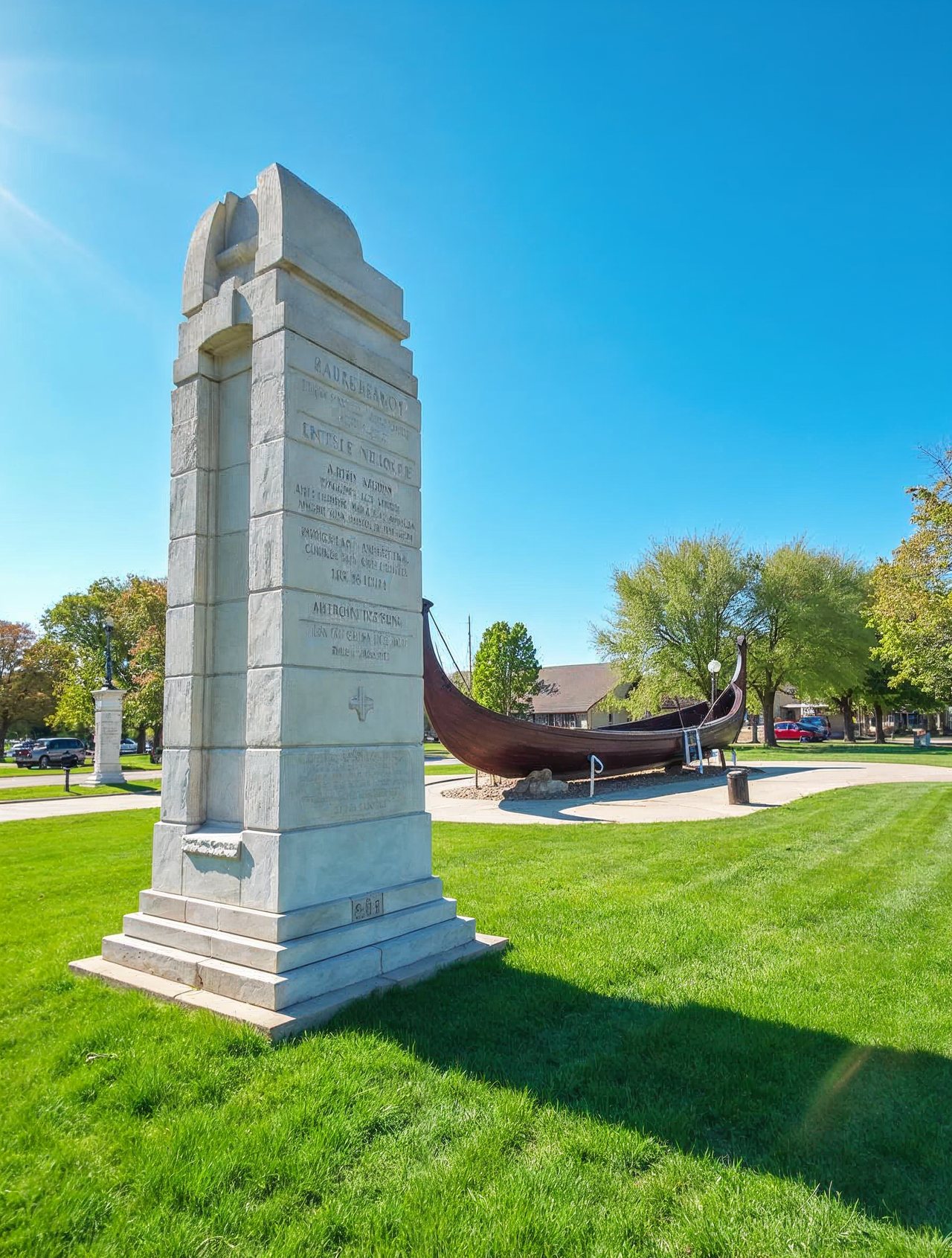 AI illustration: Life-sized Higgins boat replica and memorial at Pawnee Park in Columbus, Nebraska under a bright blue sky