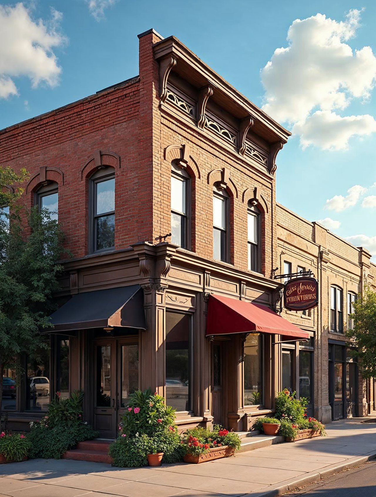 AI illustration: Historic brick Glur's Tavern building in Columbus, Nebraska on a sunny day with colorful flowers out front