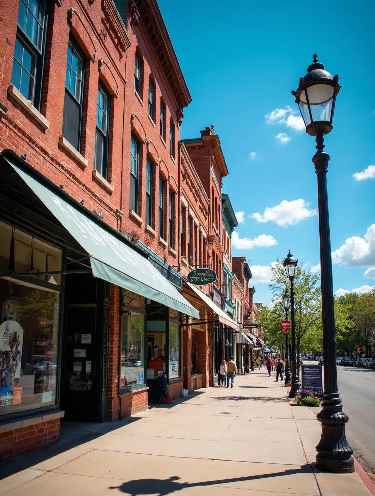 AI illustration: Historic downtown Fremont Nebraska brick storefronts under a bright blue summer sky