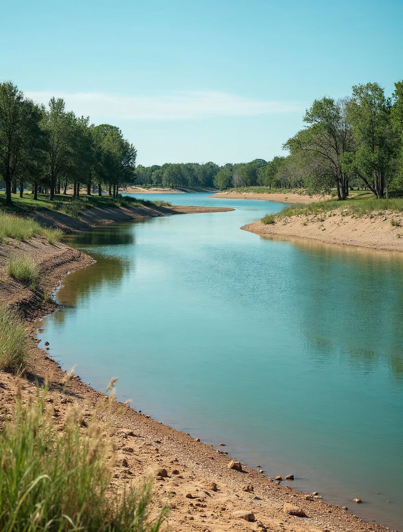 AI illustration: Fremont Lakes recreation area in Nebraska with calm water, green trees and a sandy shore