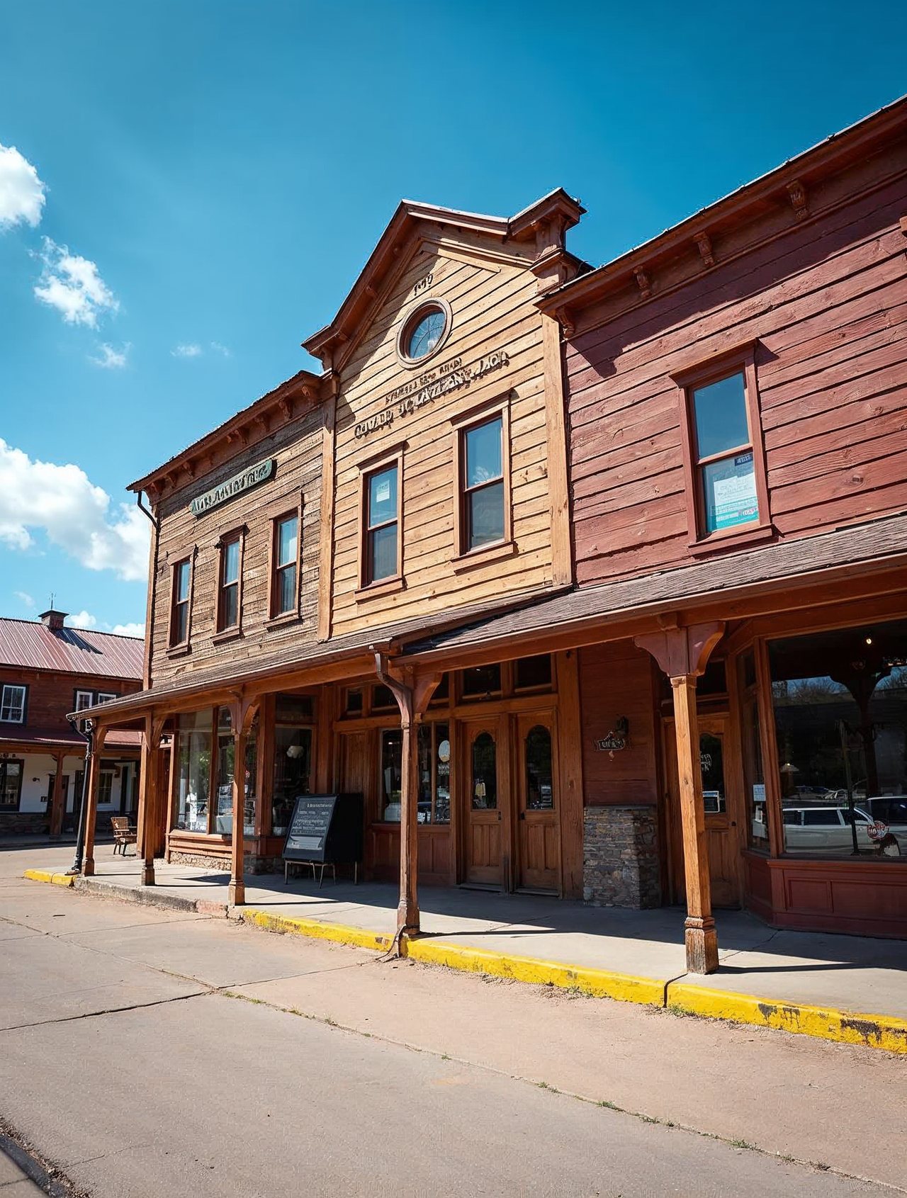 AI illustration: Colorful historic railroad town buildings and a steam train at the Stuhr Museum in Grand Island