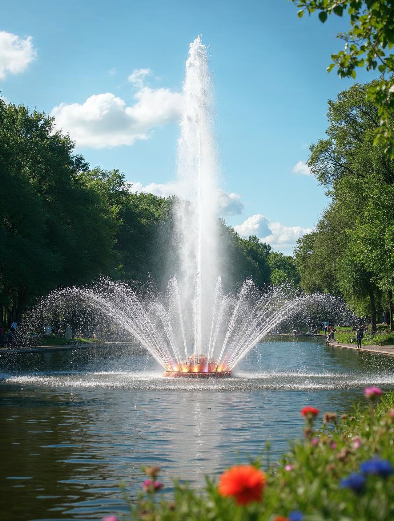 AI illustration: Rainbow Fisher Fountain in Highland Park in Hastings, Nebraska, with colorful water jets and green trees