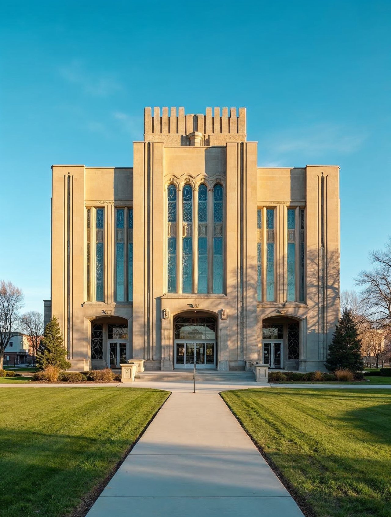 AI illustration: The art deco Hastings Museum building on North Burlington Avenue in Hastings, Nebraska, under a bright blue sky