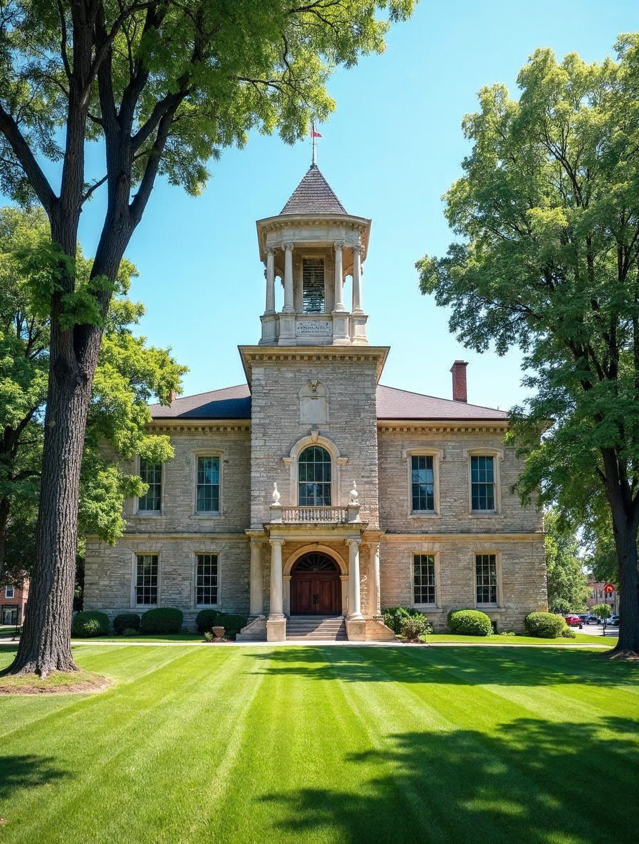 AI illustration: The historic Thayer County Courthouse in Hebron under a bright blue Nebraska sky with green lawn