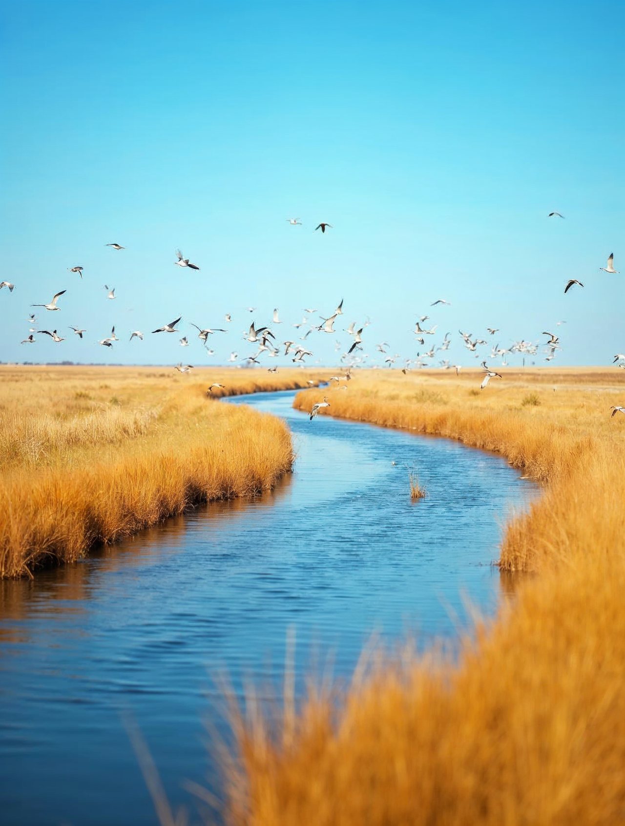 AI illustration: Sandhill cranes flying over the Platte River near Kearney Nebraska at sunrise