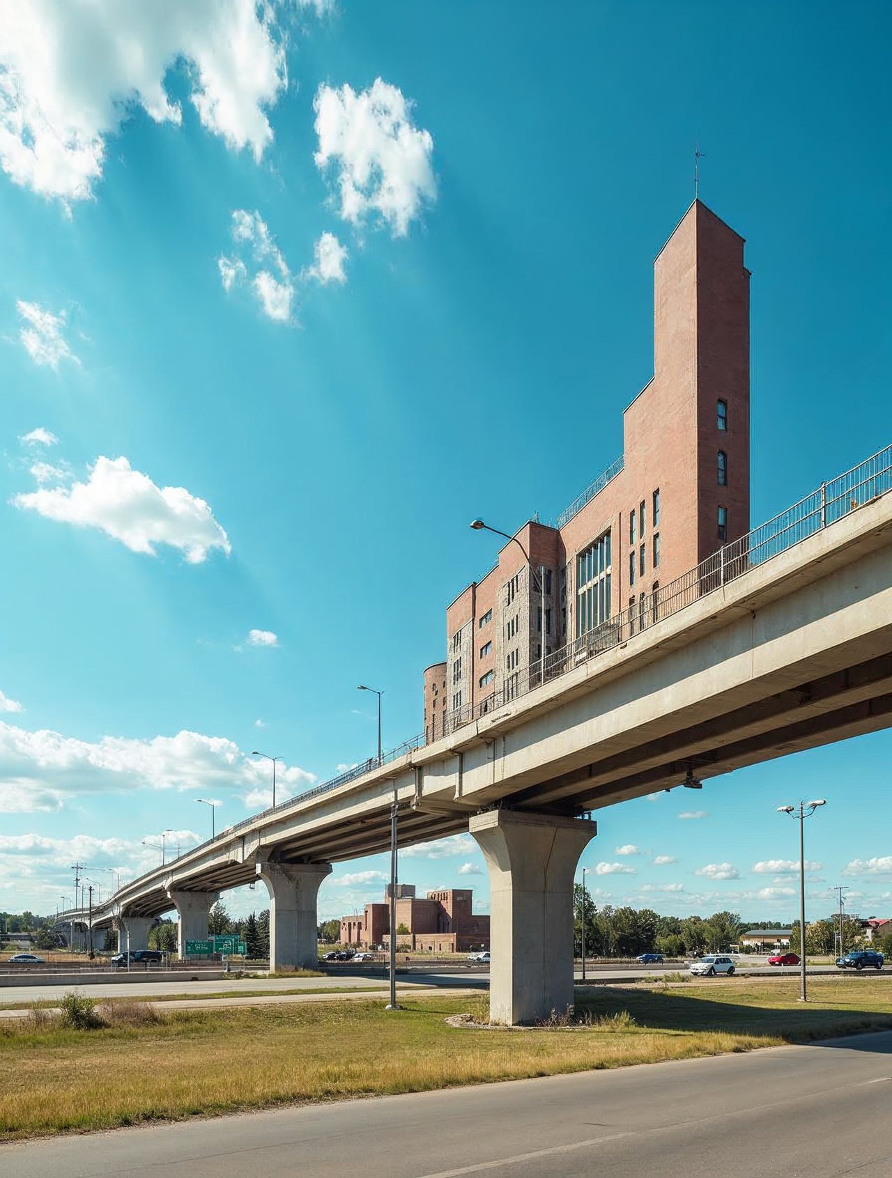 AI illustration: The Great Platte River Road Archway spanning Interstate 80 near Kearney under a bright sky