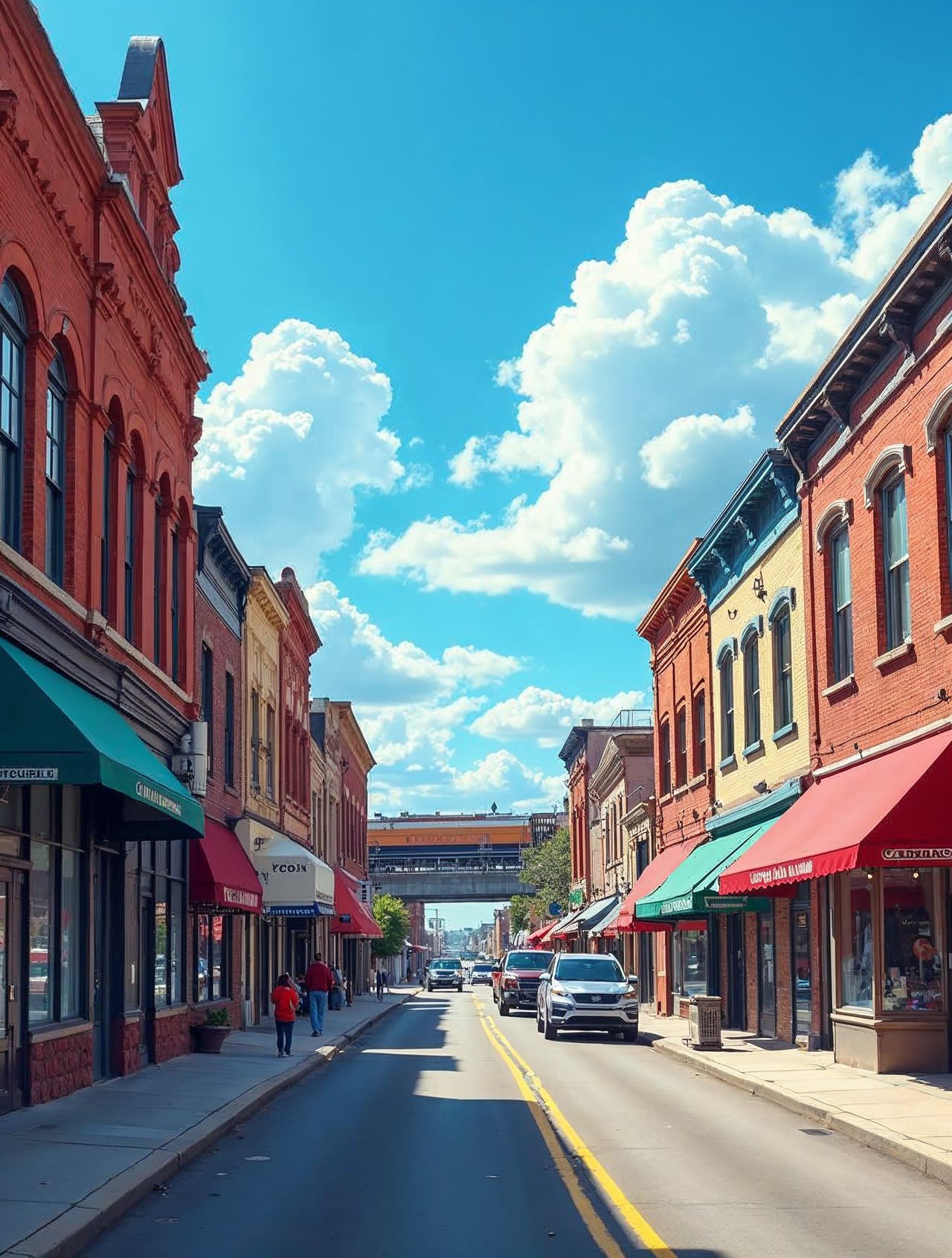 AI illustration: Downtown Lexington Nebraska street with storefronts and a bright blue prairie sky