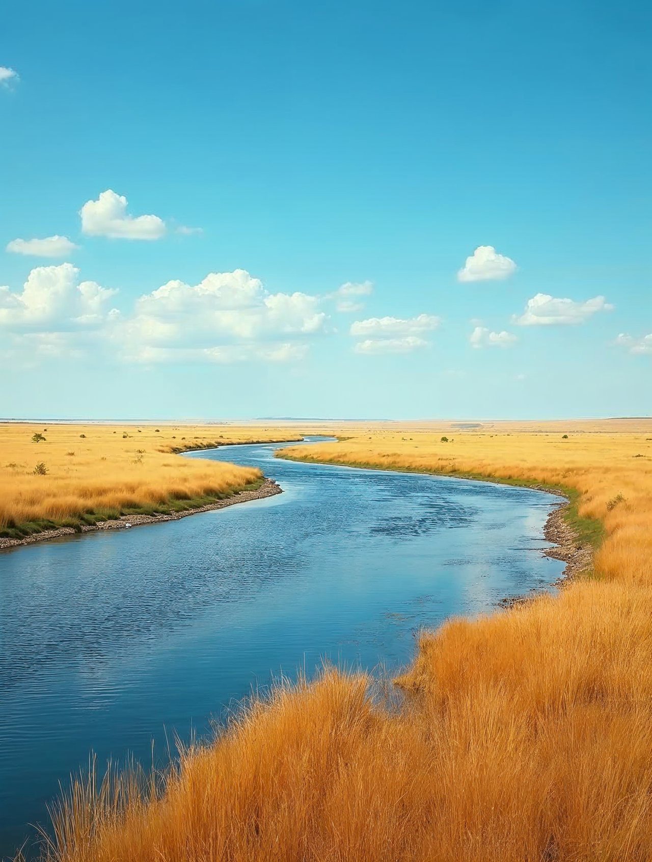 AI illustration: The Platte River near Lexington at sunset with golden grass and a wide Nebraska sky
