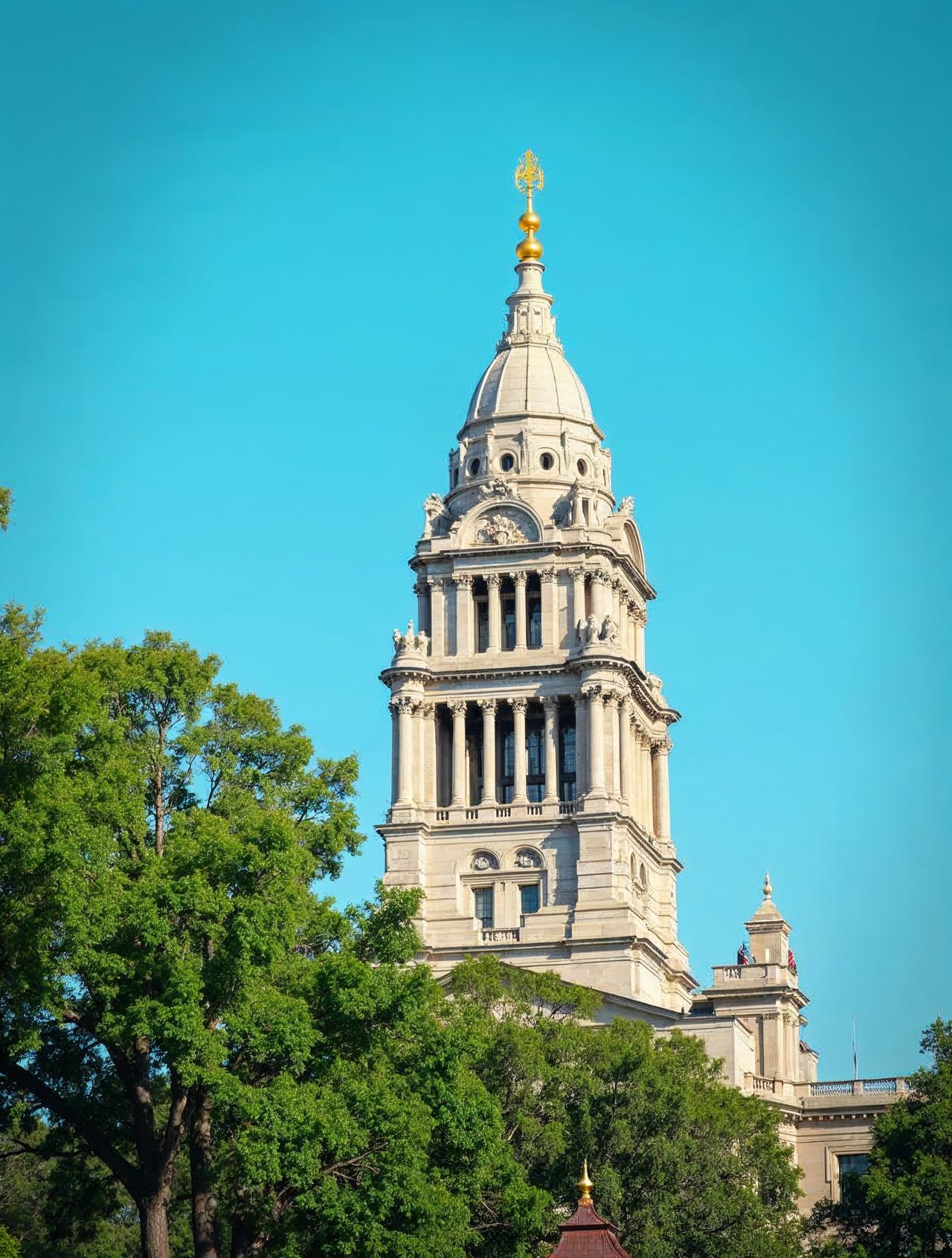 AI illustration: The tall Nebraska State Capitol tower rising against a bright blue sky over Lincoln