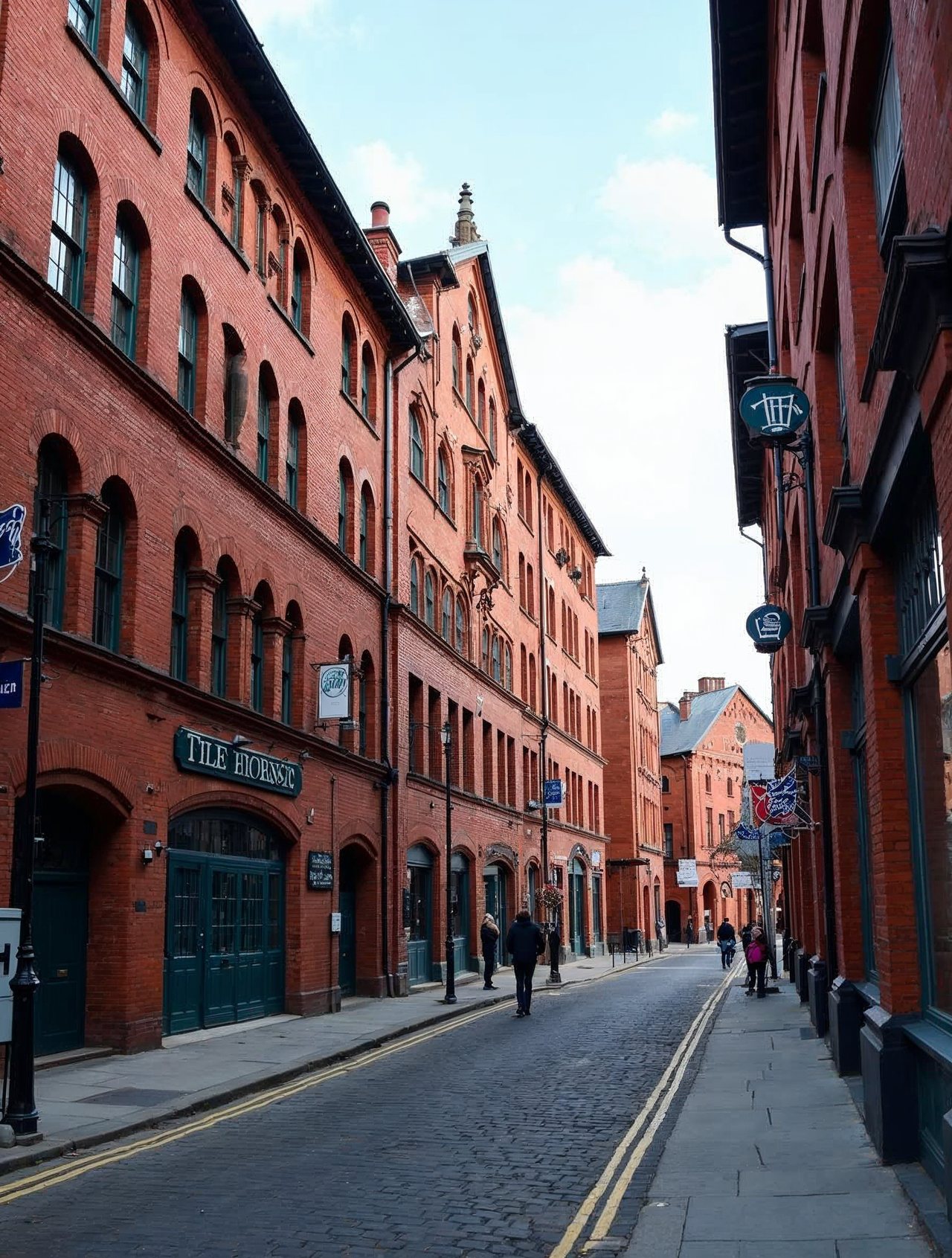 AI illustration: Historic brick buildings and a lively street in the Haymarket district of Lincoln in warm light