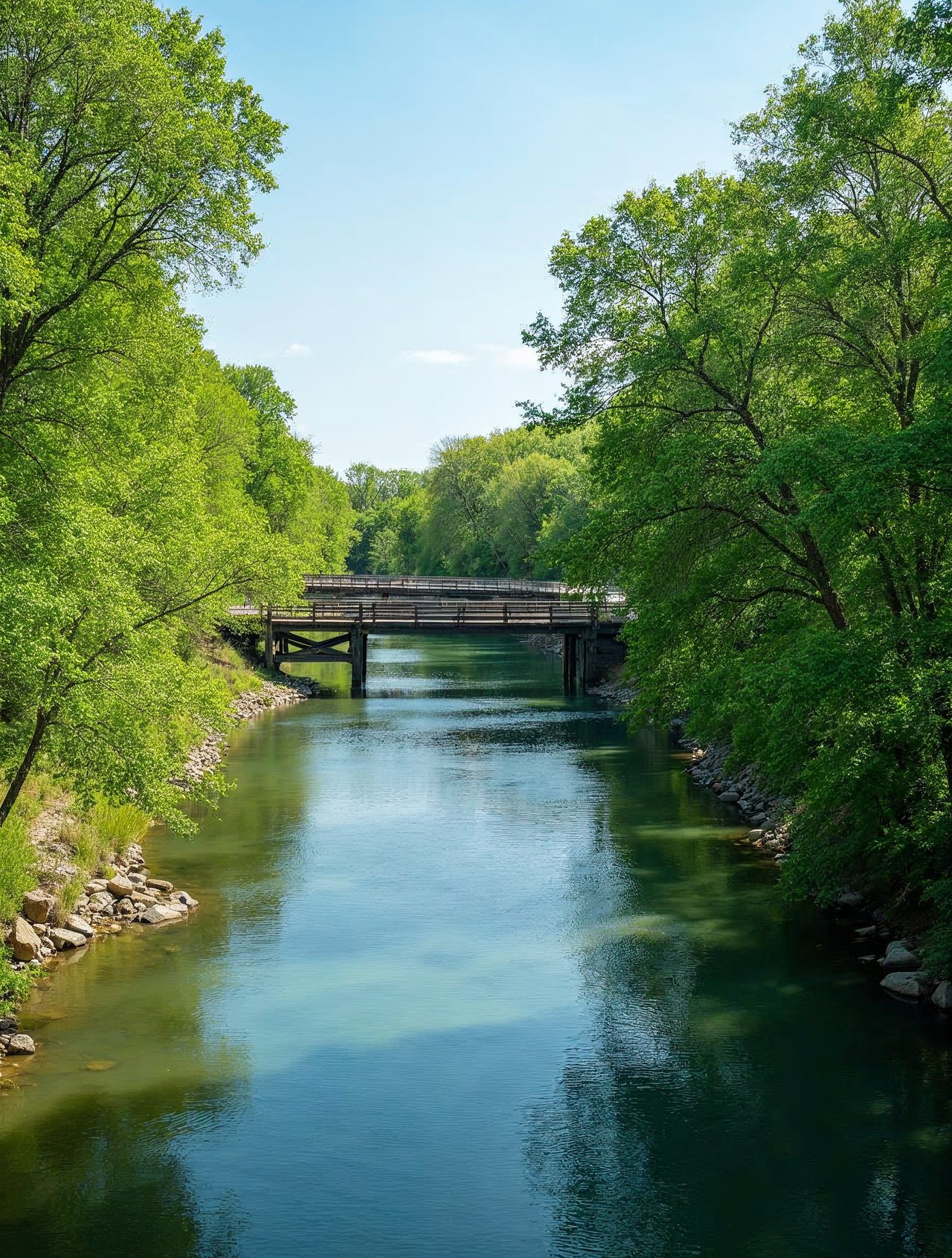 AI illustration: Elkhorn River winding past green trees and a park bridge in Norfolk Nebraska