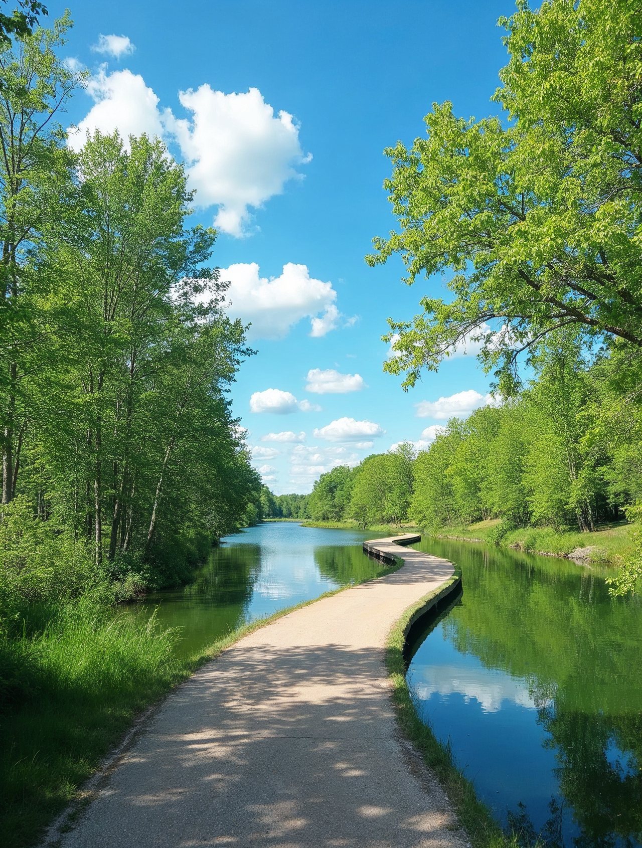 AI illustration: Skyview Lake in Norfolk Nebraska with a walking trail, green trees and calm blue water