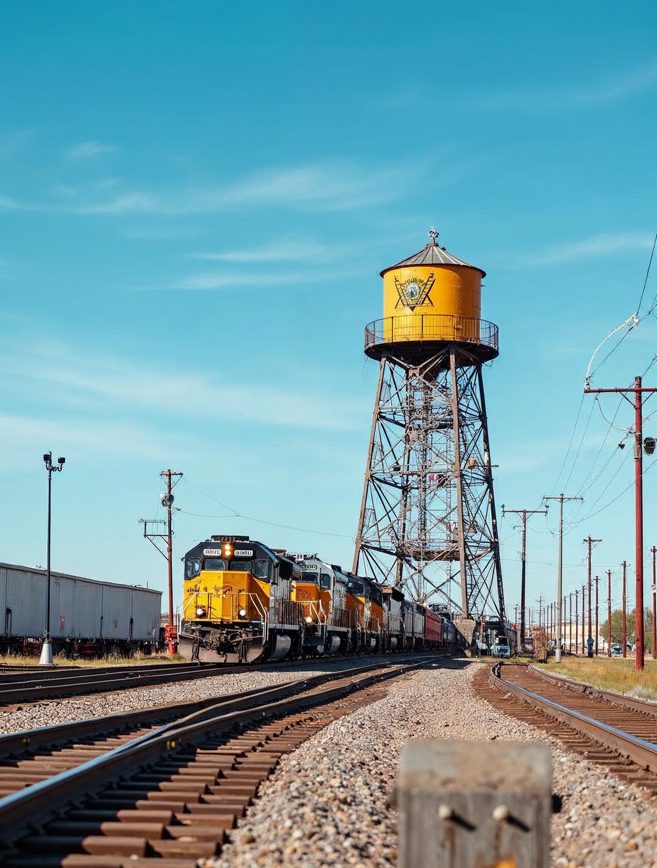 AI illustration: Colorful view of the Golden Spike Tower overlooking Bailey Yard rail yard in North Platte