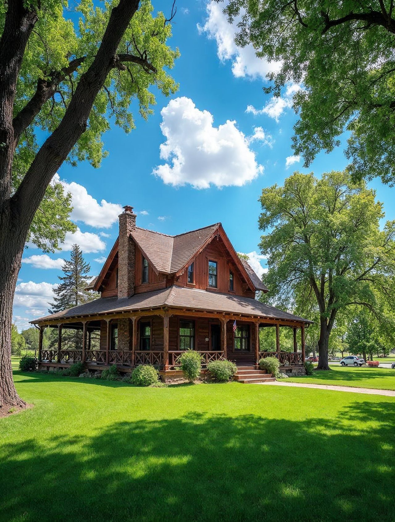 AI illustration: Historic Buffalo Bill ranch house with green lawn and blue sky near North Platte