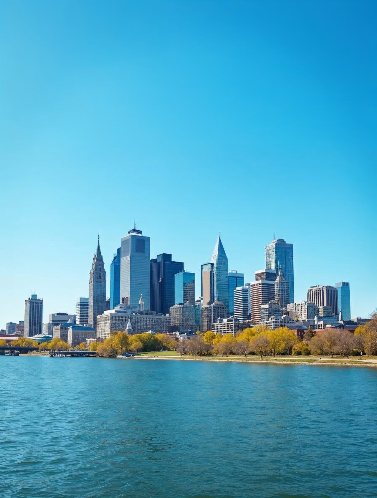 AI illustration: Colorful view of the Omaha skyline and the Missouri River on a clear sunny afternoon