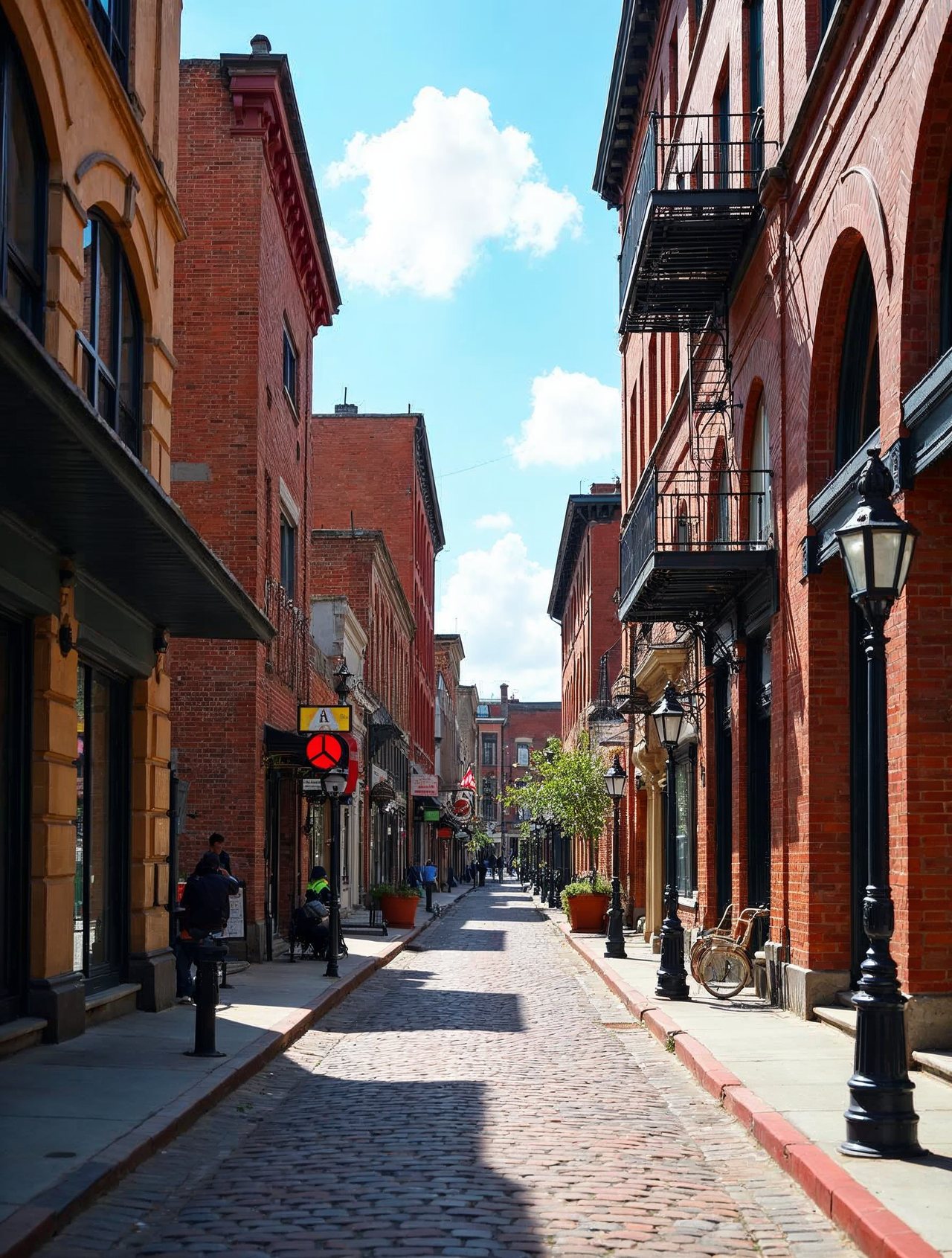 AI illustration: Brick lined street in the Old Market district of Omaha with shops and warm afternoon light