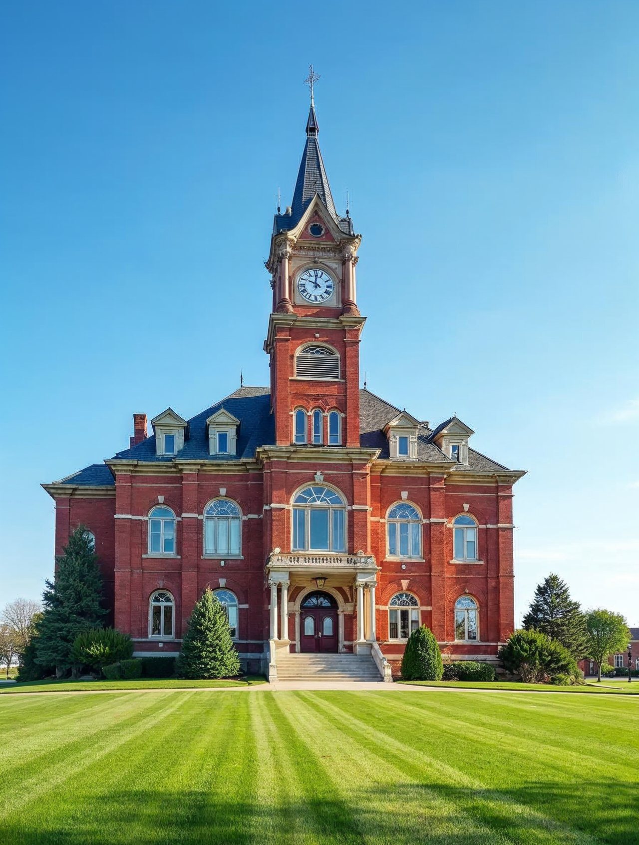 AI illustration: The Romanesque Cass County Courthouse with its tall clock tower in Plattsmouth, Nebraska under a bright blue sky