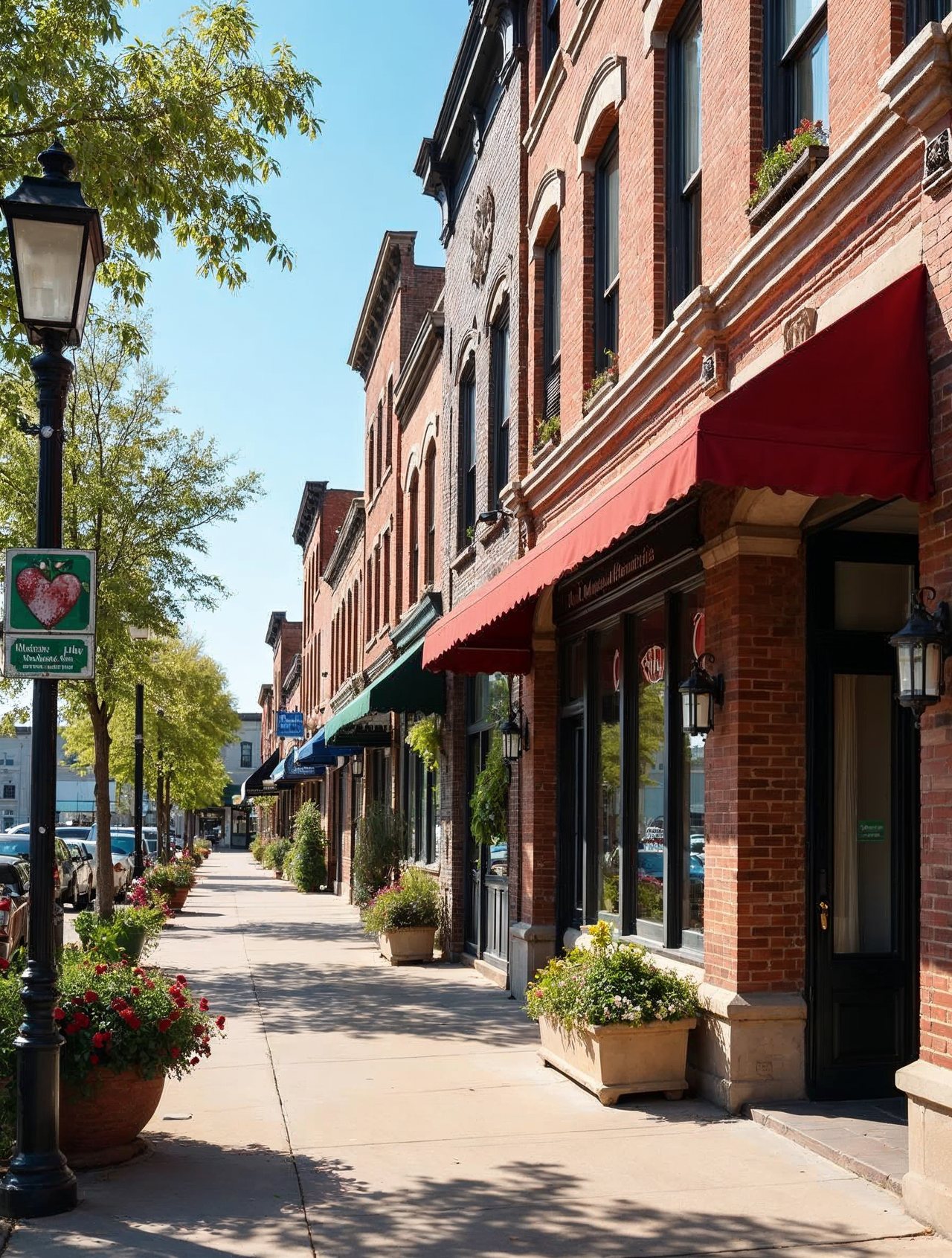 AI illustration: Historic brick storefronts along Main Street in downtown Plattsmouth, Nebraska on a sunny day with colorful flowers