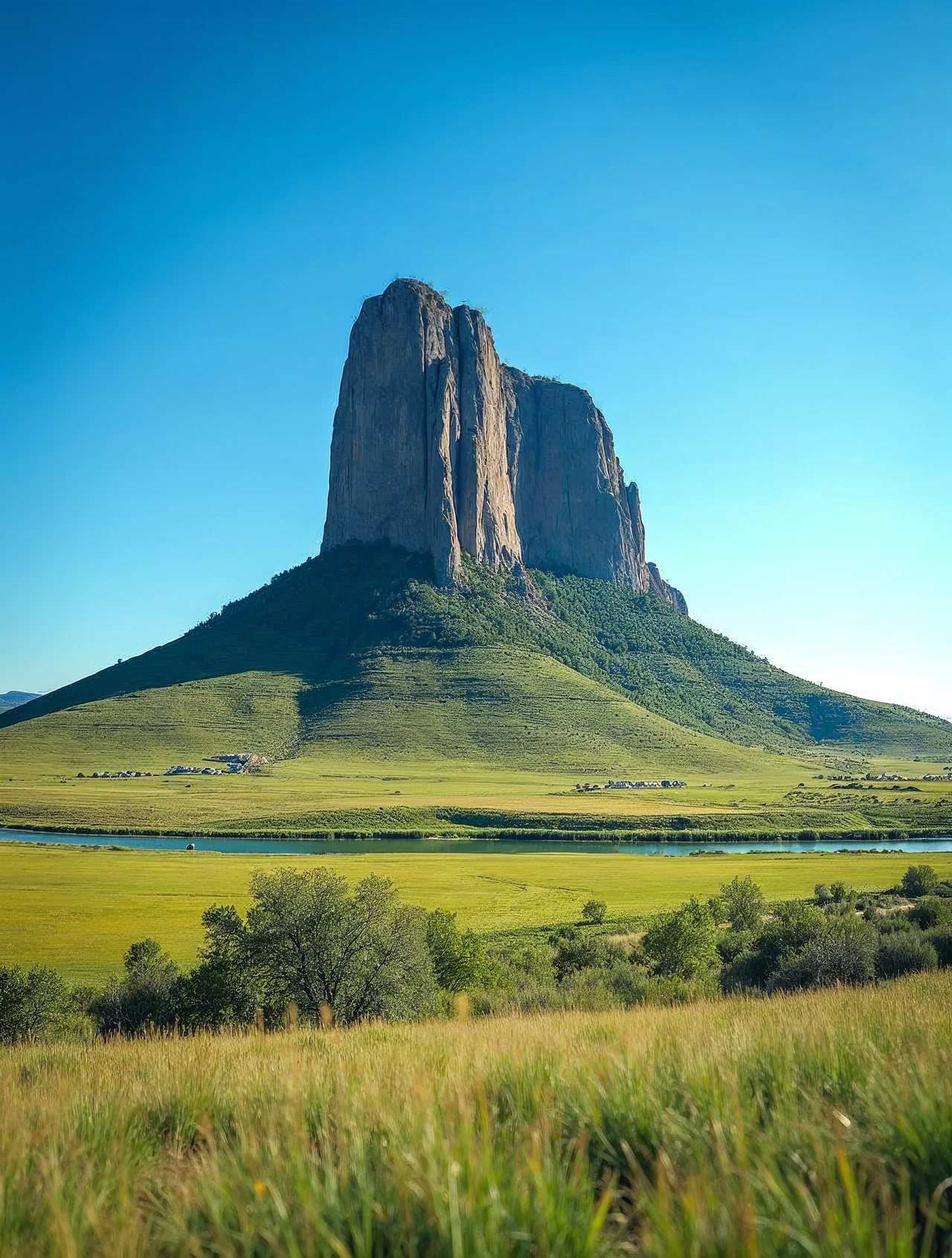 AI illustration: Scotts Bluff National Monument rising above green fields near Scottsbluff under a vivid blue sky