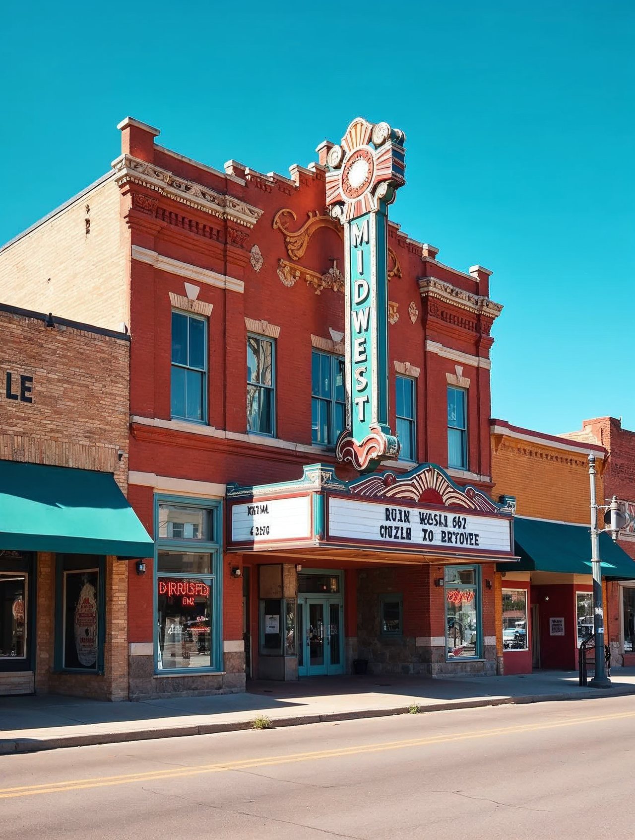 AI illustration: Historic Midwest Theater marquee on a sunny downtown street in Scottsbluff Nebraska