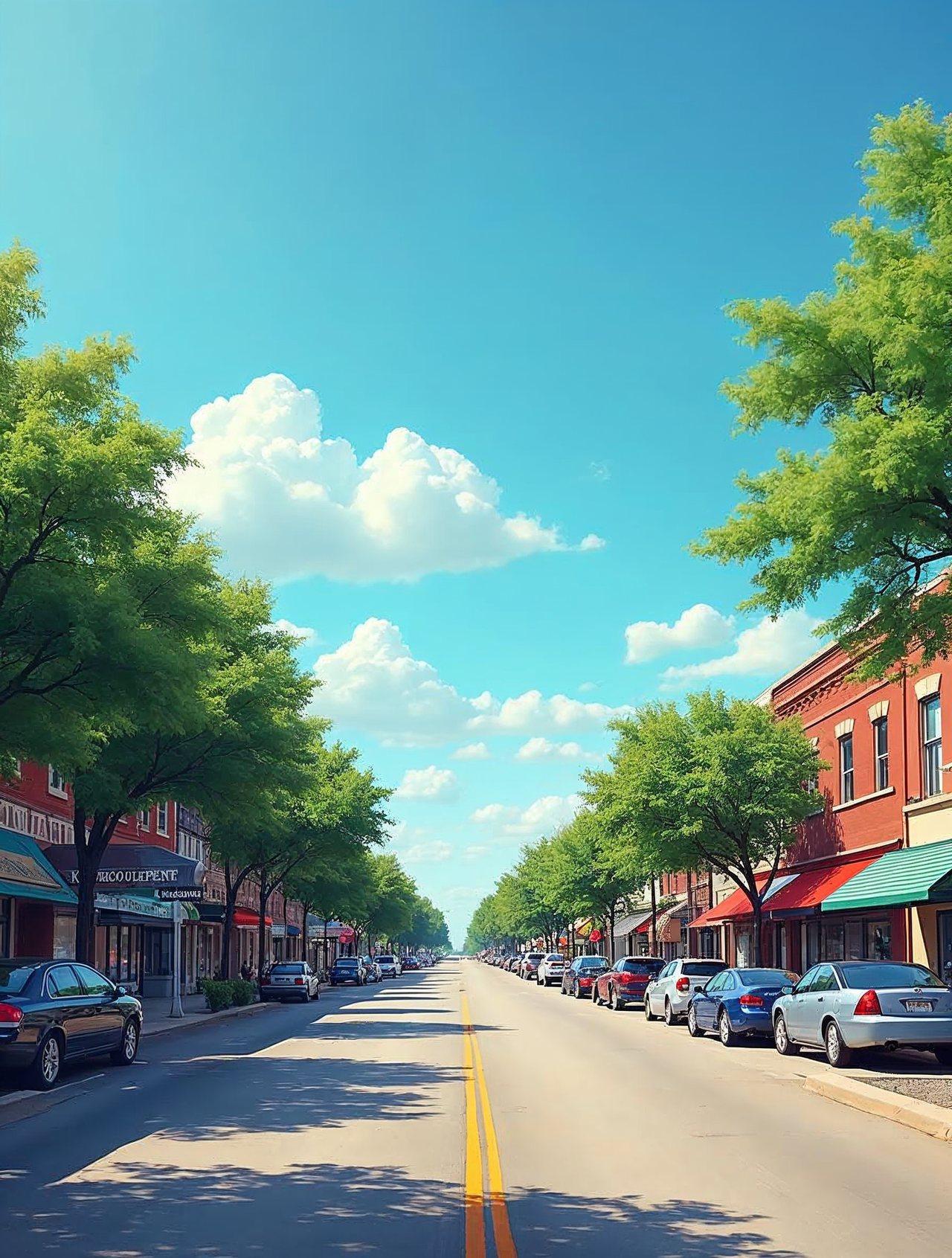 AI illustration: A busy Dakota Avenue in South Sioux City on a bright day with colorful storefronts and a blue sky