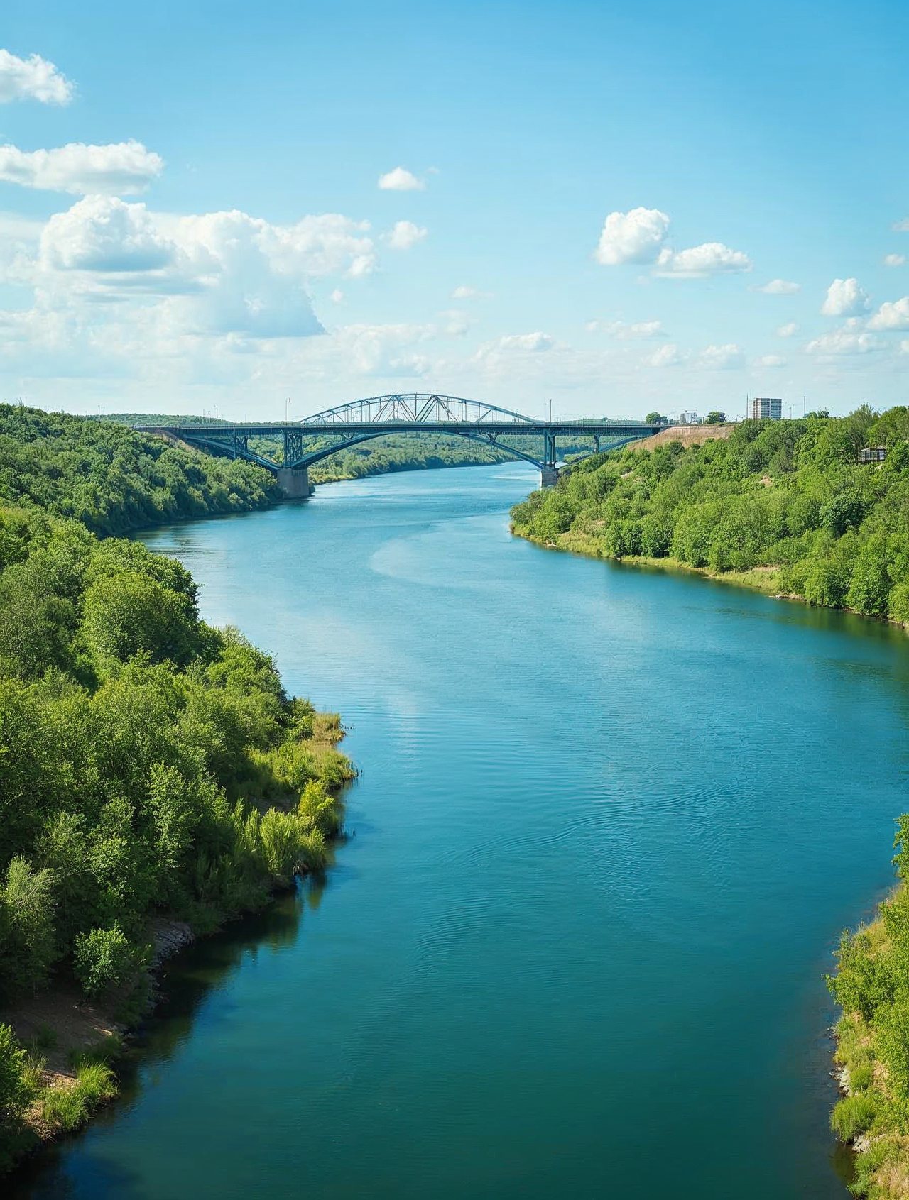 AI illustration: The Missouri River at sunset near South Sioux City with green banks and a bridge in the distance