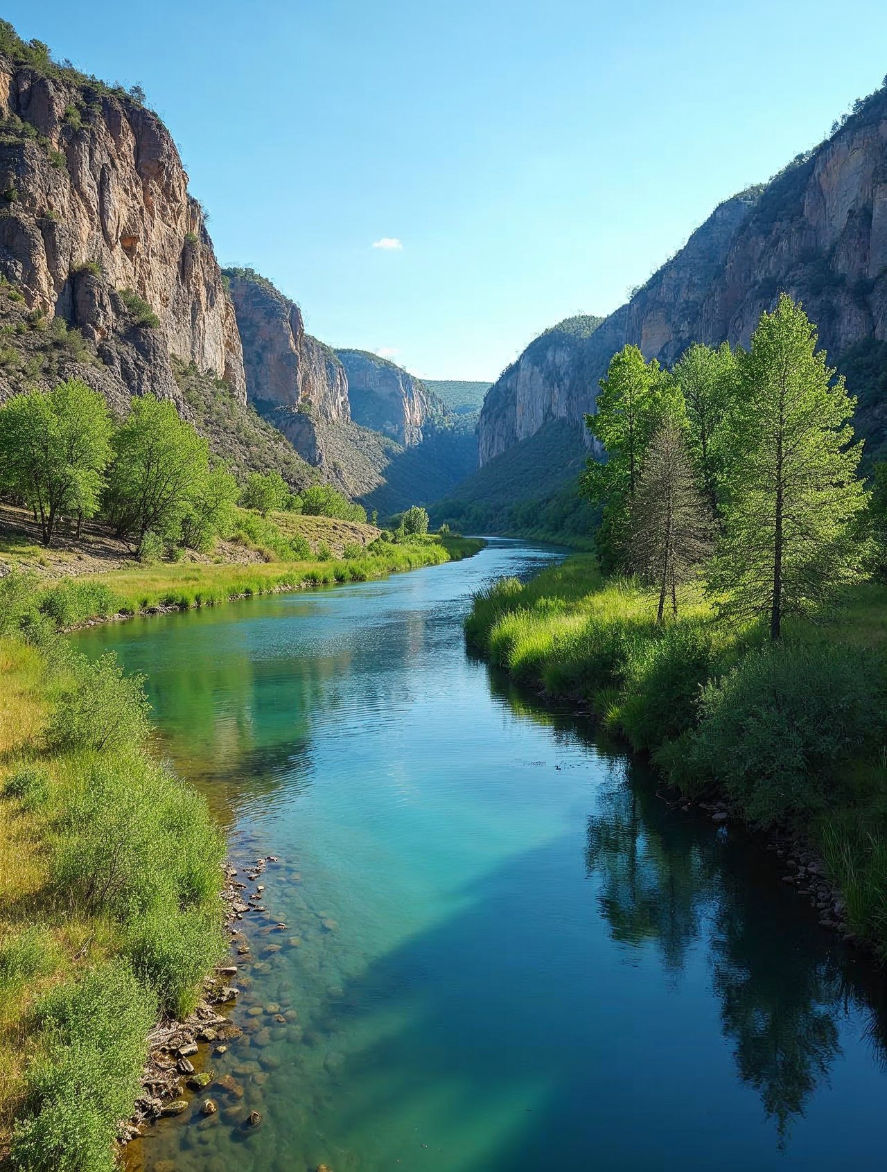 AI illustration: The clear Niobrara River winding through green bluffs near Valentine Nebraska on a sunny day