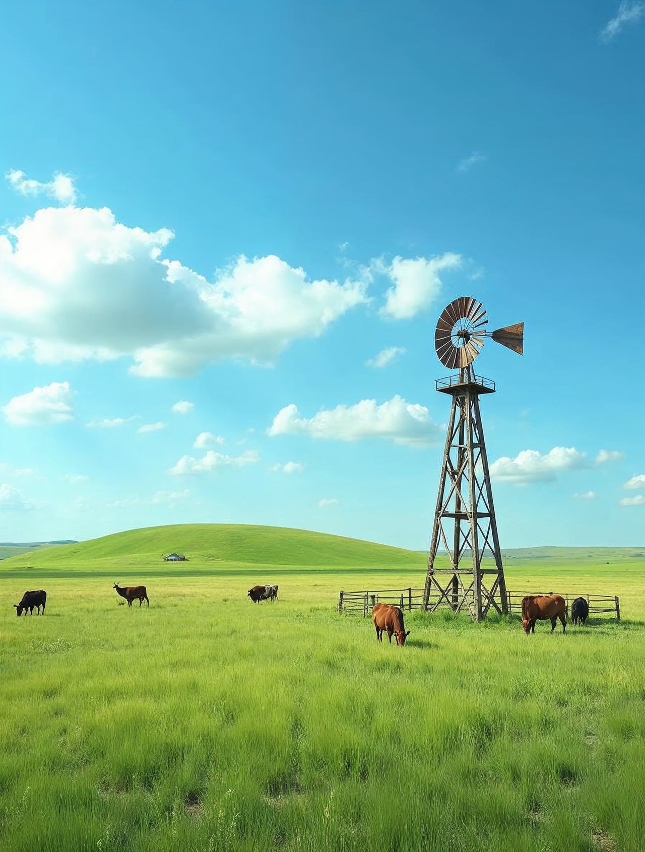AI illustration: Rolling green Sandhills prairie with a windmill and cattle under a bright blue sky near Valentine