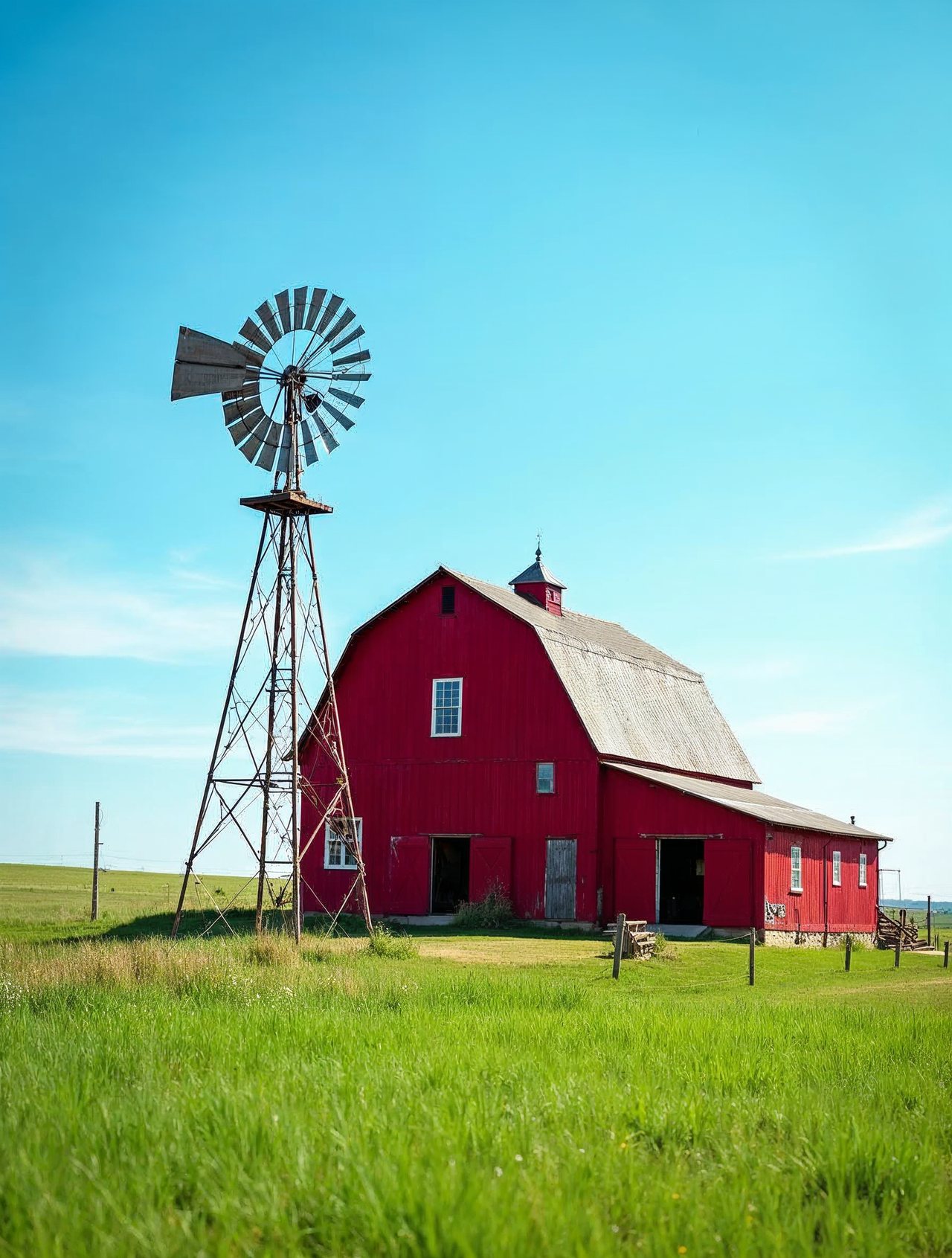 AI illustration: Wessels Living History Farm near York Nebraska with a red barn, windmill and green field under blue sky