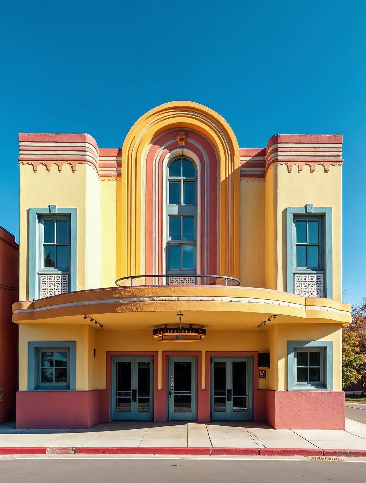 AI illustration: Art Deco York Auditorium building in York Nebraska on a bright sunny day with blue sky