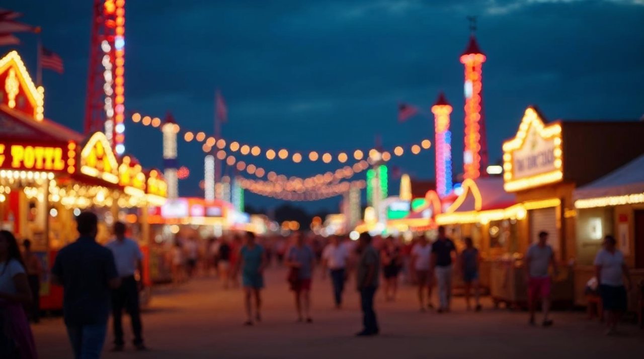 AI illustration: Bright carnival rides and livestock barns at a Nebraska county fair on a summer evening