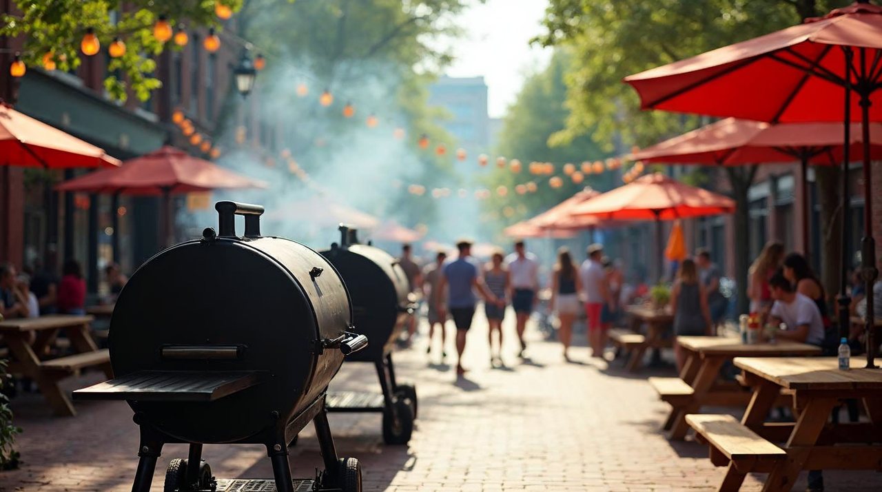 AI illustration: Barbecue smoker and picnic tables on a historic downtown brick street in Beatrice