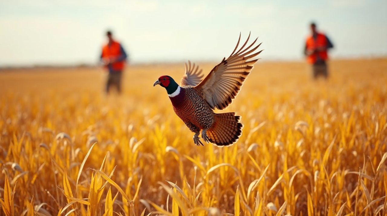 AI illustration: Hunters walking through golden Nebraska cornfield and grass with a pheasant taking flight