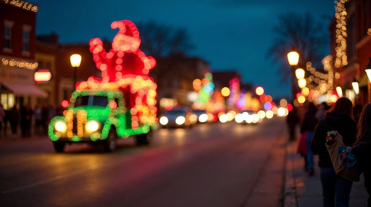 AI illustration: Lighted holiday parade floats glowing on a Beatrice downtown street at night