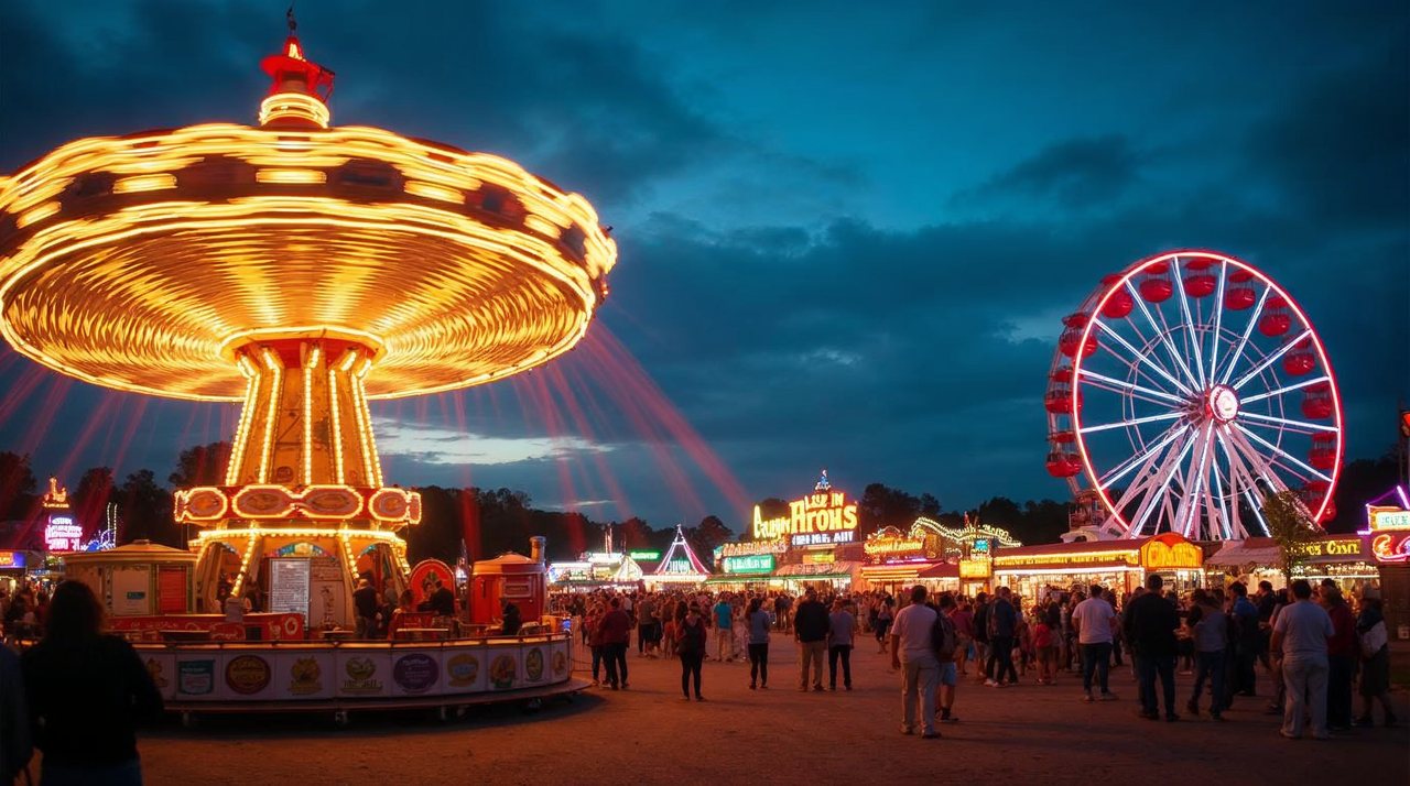AI illustration: Colorful carnival rides and fair buildings at Agricultural Park in Columbus, Nebraska on a summer evening
