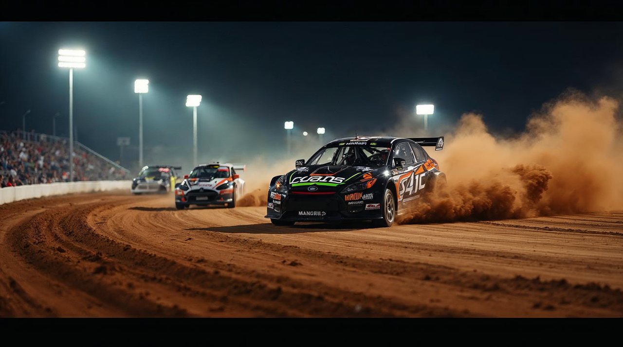 AI illustration: Dirt track race cars sliding through a turn on a clay oval at night under bright track lights