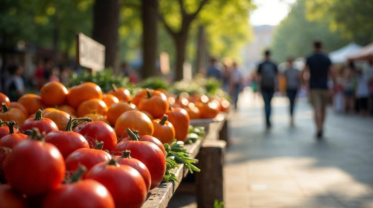 AI illustration: Shoppers browsing tables of fresh vegetables and handmade goods at a downtown farmers market in Columbus
