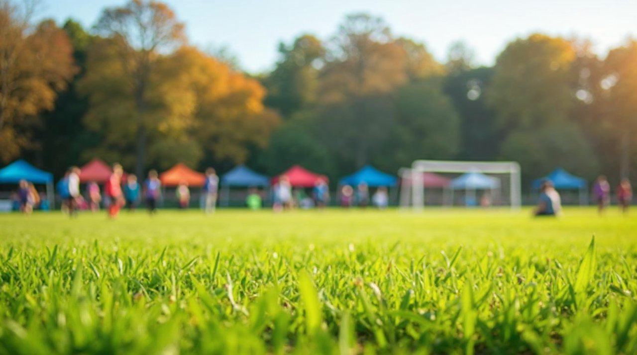 AI illustration: Youth soccer teams playing on bright green fields at a park in Columbus, Nebraska on a sunny day