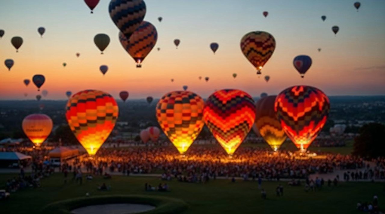 AI illustration: Colorful hot air balloons glowing at dusk over a park in Fremont Nebraska