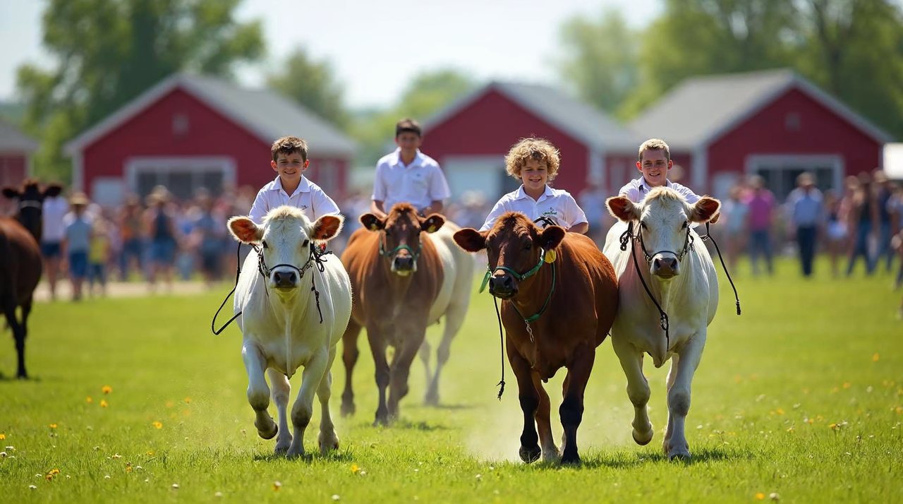 AI illustration: Young 4-H exhibitors leading cattle across a green fairground field in Nebraska