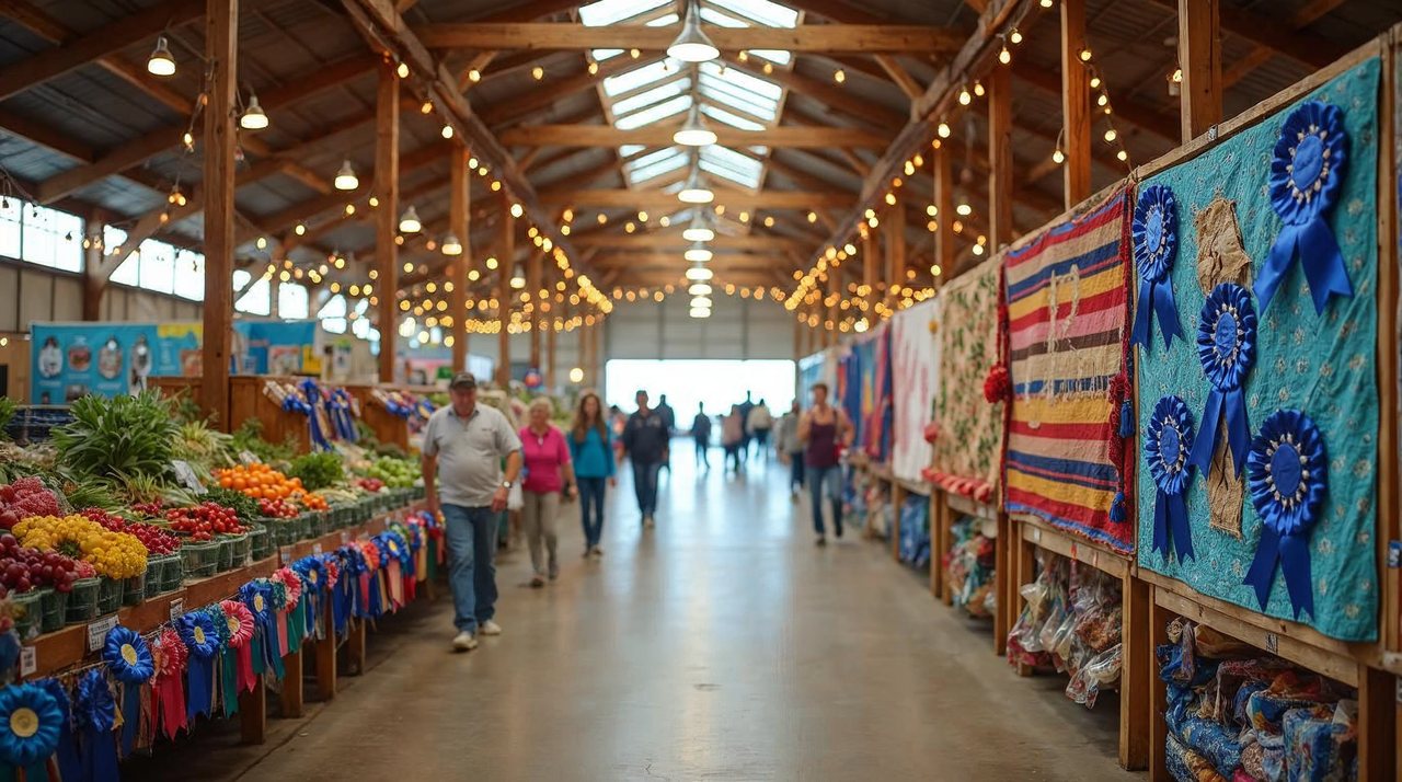 AI illustration: Colorful blue ribbons and farm exhibits at a county fair in Dodge County Nebraska