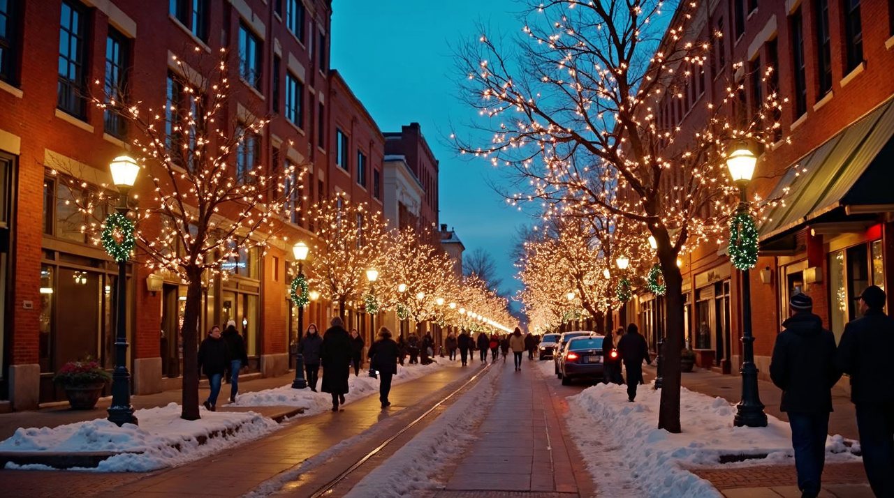 AI illustration: Historic downtown Fremont Nebraska street glowing with Christmas lights at dusk