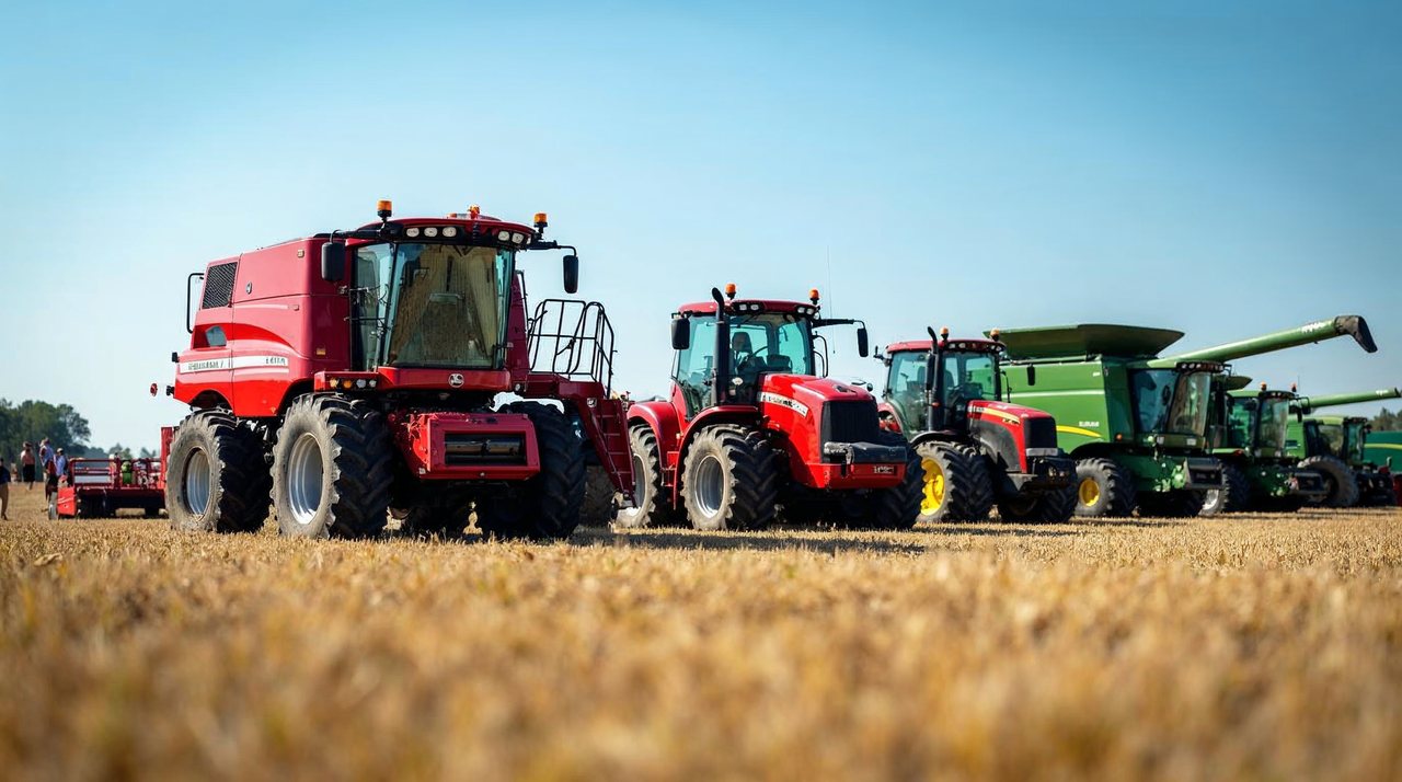 AI illustration: Colorful farm machinery lined up in a green field at a farm show near Grand Island