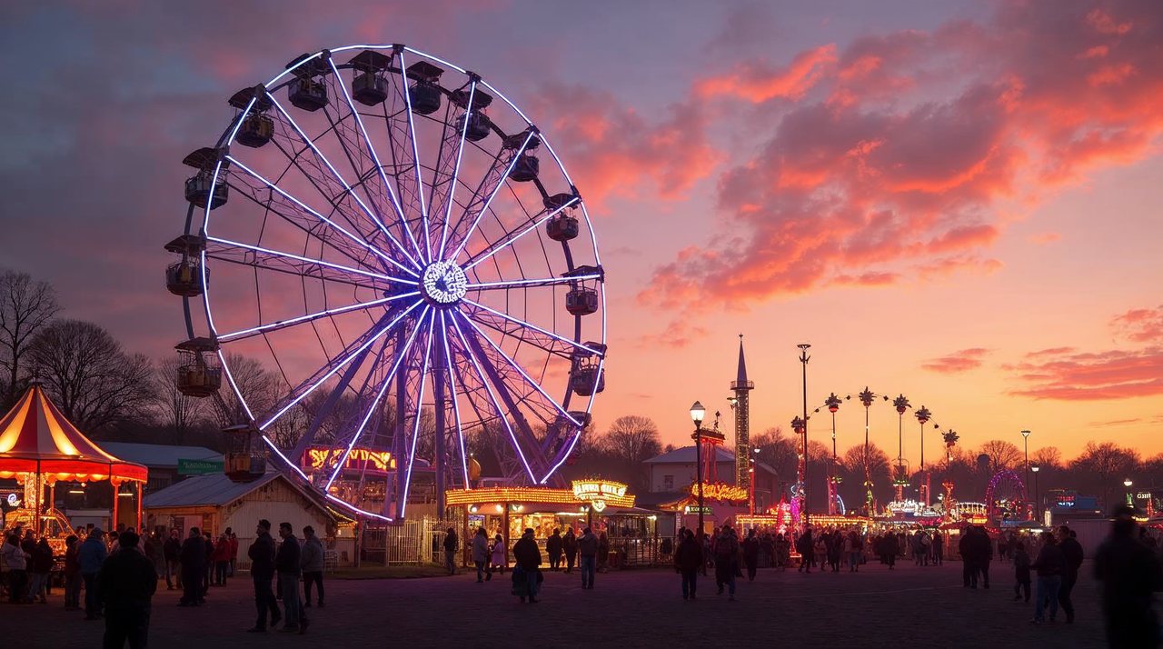 AI illustration: Carnival rides and colorful lights at a state fair in Nebraska at dusk