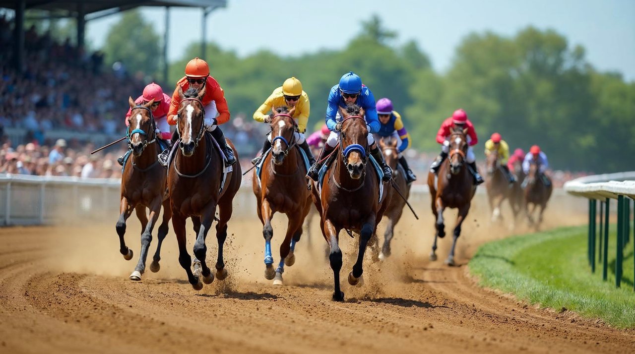 AI illustration: Thoroughbred horses racing around a dirt track with a bright green infield