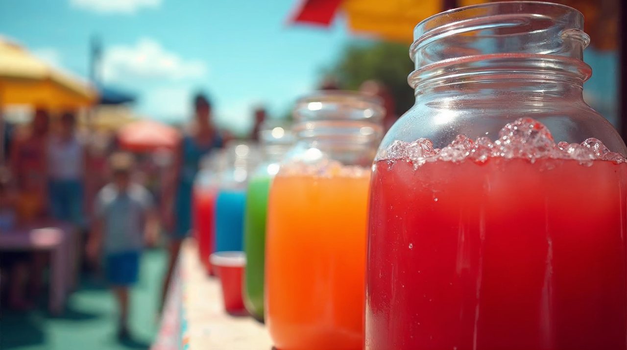 AI illustration: Families and children enjoying colorful Kool-Aid drinks at a summer festival stand in Hastings, Nebraska