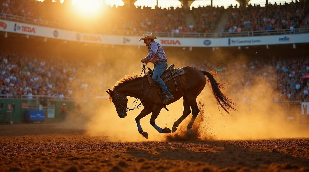 AI illustration: Rodeo rider on a bucking horse in a dusty arena under stadium lights at the Adams County Fairgrounds