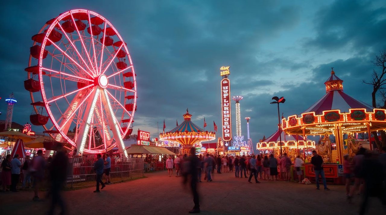 AI illustration: Carnival rides and livestock barns lit up at the county fairgrounds in Hastings on a summer evening